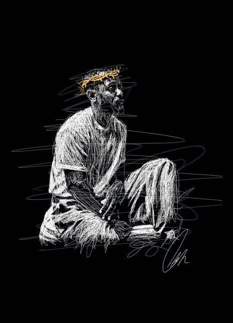 Crown Above Stillness: shows a bearded man seated cross-legged in a pale shirt and trousers.