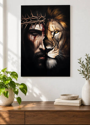 Split portrait of Jesus with a crown of thorns and a golden-maned lion displayed above a console table in a room setting