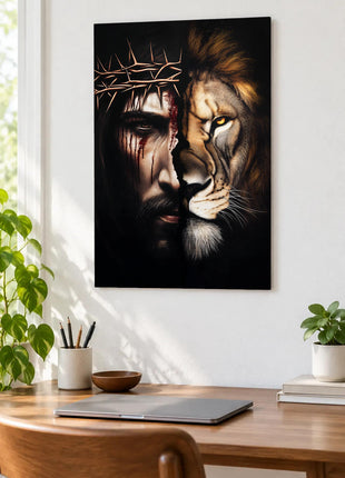 Split portrait of Jesus with a crown of thorns and a golden-maned lion displayed above a desk in a room setting