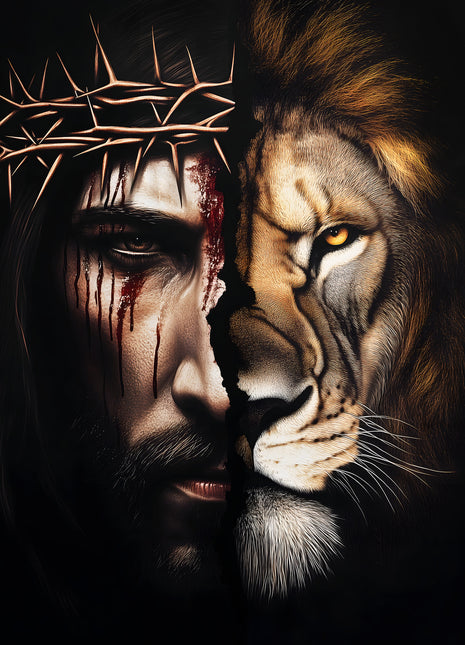 Split portrait of Jesus with a crown of thorns and a golden-maned lion