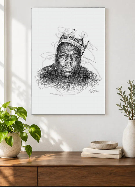 Crown in a Tangle acrylic wall art displayed above a wooden console with plants and books against a white wall.