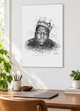 Crown in a Tangle acrylic wall art displayed above a wooden desk with a laptop, plants and books against a white wall.