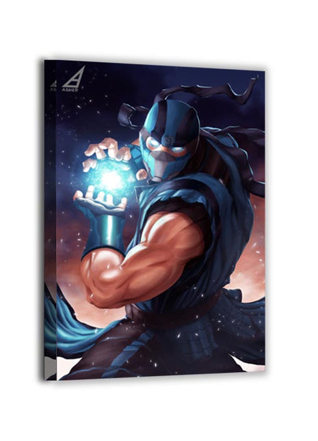 Canvas—icy warrior in motion with glowing frost effect; art by Ben Asher.