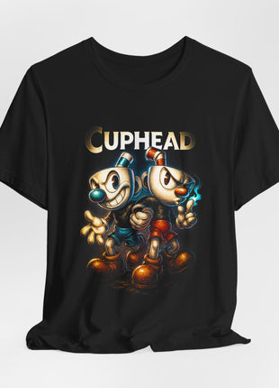 Draped front view of the black Cuphead and Mugman Cartoon Duo Graphic T-Shirt.
