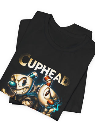 Folded view of the black Cuphead and Mugman Cartoon Duo Graphic T-Shirt.