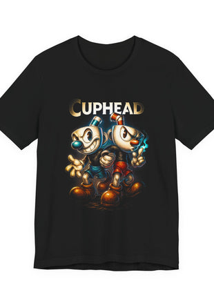 Front view of the black Cuphead and Mugman Cartoon Duo Graphic T-Shirt.