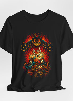 Draped front view of the black Cuphead and Mugman Devil's Shadow Graphic T-Shirt.