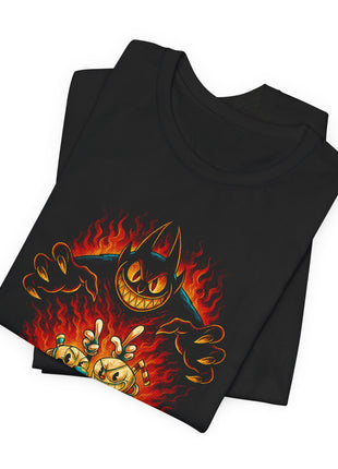 Folded view of the black Cuphead and Mugman Devil's Shadow Graphic T-Shirt.