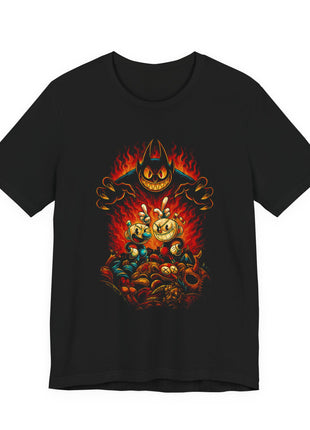 Front view of the black Cuphead and Mugman Devil's Shadow Graphic T-Shirt.