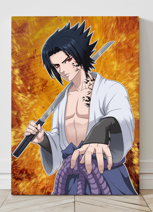 Cursed Heir Resolve canvas—close view of determined avenger, katana raised, ember field; artwork inspired by Sasuke Uchiha, by Sam dela Torre.