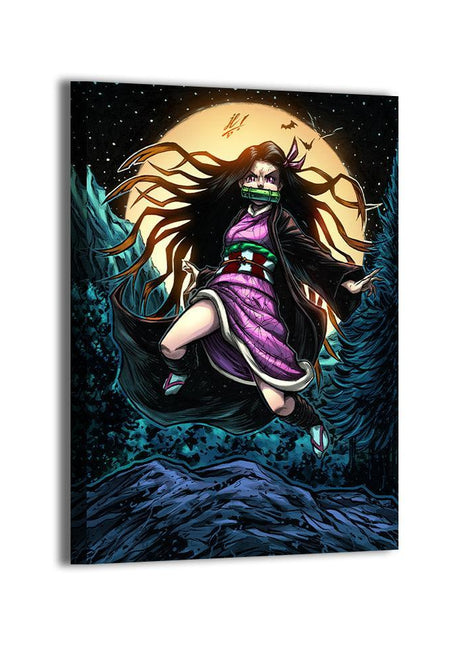 Cursed Protector Nezuko Wall Art featuring Nezuko Kamado in a protective demon portrait on hand-stretched gloss canvas, artwork by Jose Carlos Sanchez, colors by Nestor Redulla Jr.