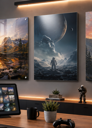 Custom wall art printing workspace showing acrylic, metal, and canvas display inspiration