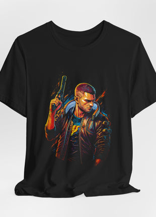 Draped front view of the black Cyberpunk V Neon Gunslinger Graphic T-Shirt.