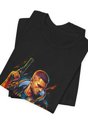 Folded view of the black Cyberpunk V Neon Gunslinger Graphic T-Shirt.