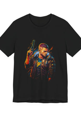 Front view of the black Cyberpunk V Neon Gunslinger Graphic T-Shirt.