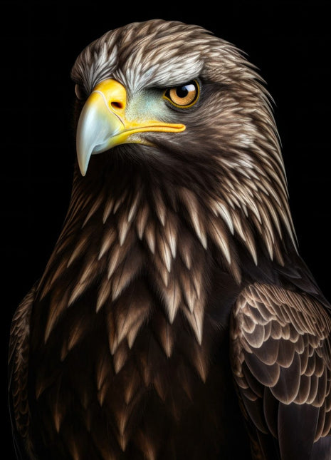 Dark brown eagle with yellow beak and streaked neck feathers against black.