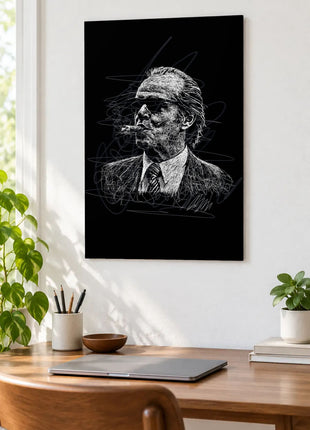 Dark Glasses, White Collar acrylic wall art displayed above a wooden desk with a laptop, plants and books against a white wall.