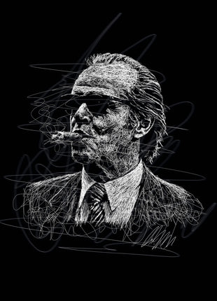 White and gray scribble portrait of a suited man in sunglasses with swept-back hair and a cigarette on black.