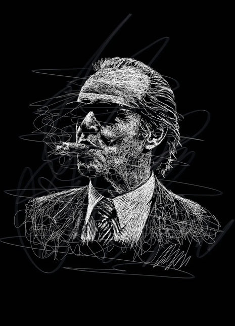 White and gray scribble portrait of a suited man in sunglasses with swept-back hair and a cigarette on black.