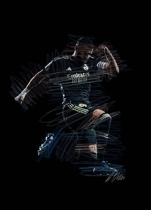 Dark Kit Celebration: portrays a football player in a dark Real Madrid kit with one hand raised beside his head and a knee lifted.