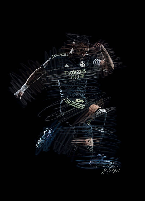 Dark Kit Celebration: portrays a football player in a dark Real Madrid kit with one hand raised beside his head and a knee lifted.