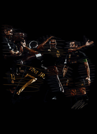 Overlapping Real Madrid football-player figures in dark kits, with outstretched arms and gold details on black.