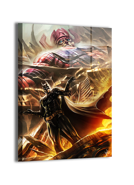 Batman and towering giant clash in crossover art; Ceasar artwork; metallic sheen.