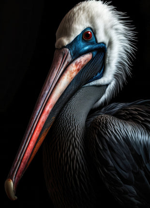 Dark pelican with white crown, blue facial skin and a long pink-orange bill against black.