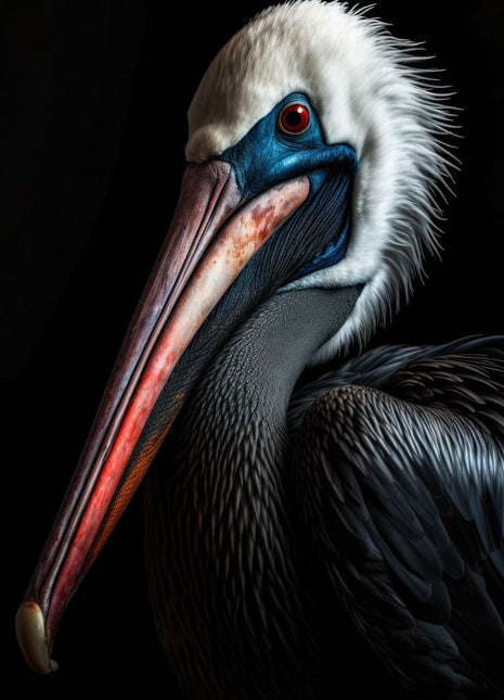 Dark pelican with white crown, blue facial skin and a long pink-orange bill against black.