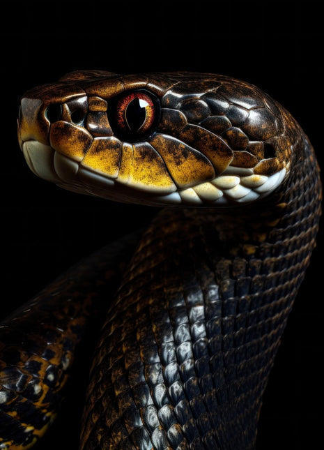 Dark snake with raised bronze-patterned head, orange eye, yellow-gold jaw and curved body against black.