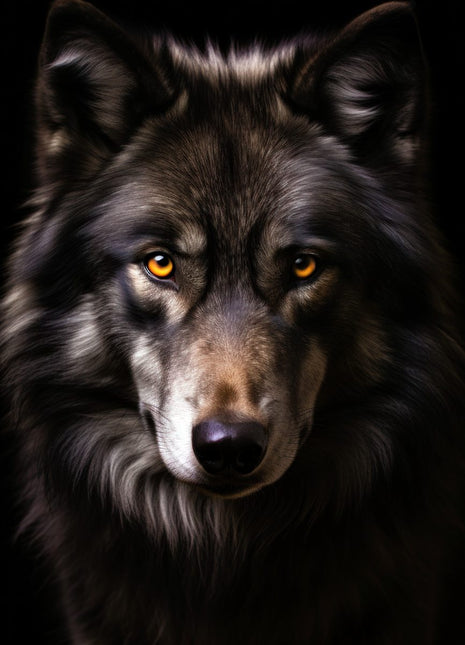 Dark wolf with amber eyes, upright ears and silver-brown facial highlights against black.