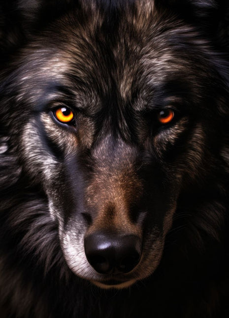 Dark gray wolf facing forward with copper eyes and fine silver facial highlights against black.