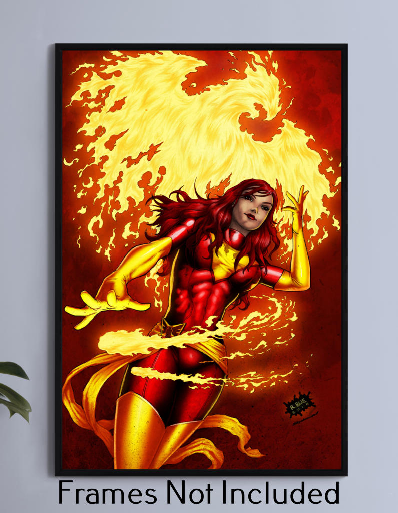 "Dark Ascension – Dark Phoenix Wall Art on canvas, acrylic, and metal – Jean Grey as Dark Phoenix surrounded by cosmic fire and power."

