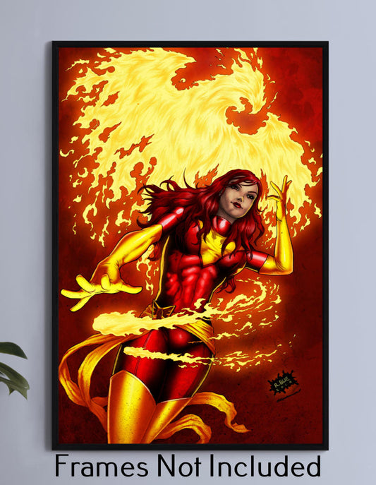 "Dark Ascension – Dark Phoenix Wall Art on canvas, acrylic, and metal – Jean Grey as Dark Phoenix surrounded by cosmic fire and power."

