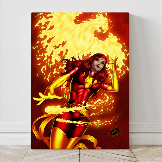 "Dark Ascension – Dark Phoenix Wall Art on canvas, acrylic, and metal – Jean Grey as Dark Phoenix surrounded by cosmic fire and power."