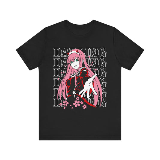 Alt: Darling Pink Hero Anime Shirt on black, angled front view, anime streetwear by Snapping Turtle Gallery