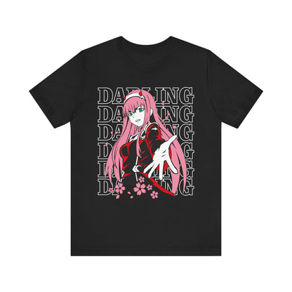 Alt: Darling Pink Hero Anime Shirt on black, angled front view, anime streetwear by Snapping Turtle Gallery

