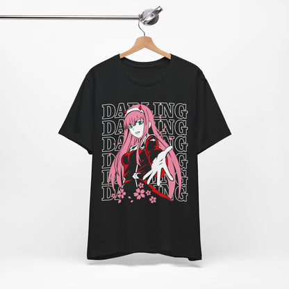 Alt: Darling Pink Hero Anime Shirt on black, flat lay display, anime graphic tee by Snapping Turtle Gallery

