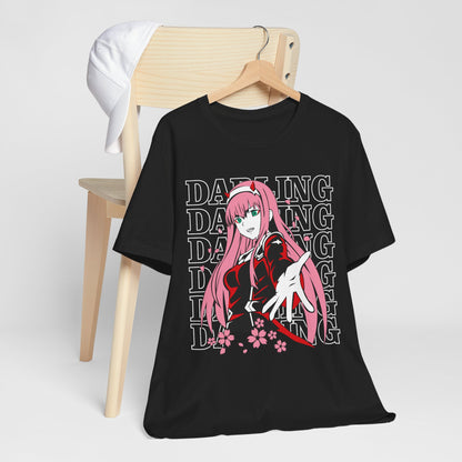Alt: Darling Pink Hero Anime Shirt printed on black, front view, anime apparel by Snapping Turtle Gallery

