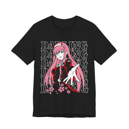 Alt: Darling Pink Hero Anime Shirt on black, side view, anime clothing by Snapping Turtle Gallery

