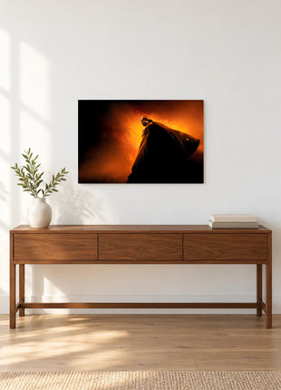 Darth Vader Against the Embers acrylic wall art displayed above a wooden console with a leafy vase and stacked books against a white wall.