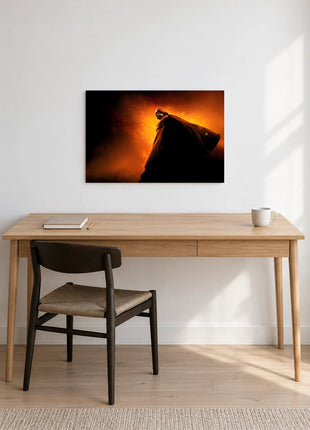 Darth Vader Against the Embers acrylic wall art displayed above a wooden desk with a notebook, pencil and white mug against a white wall.