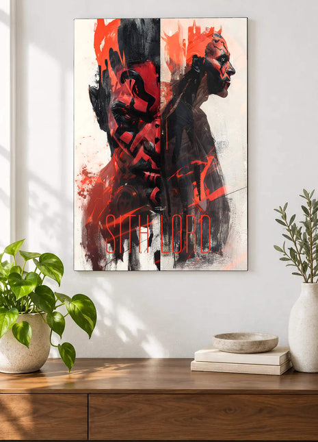 Darth Vader and Darth Maul Divided Darkness acrylic wall art displayed above a wooden console with plants and books against a white wall.