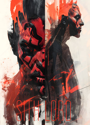Darth Vader and Darth Maul Divided Darkness original artwork: splits Darth Vader and Darth Maul across a tall field of red, black and cream brushwork.