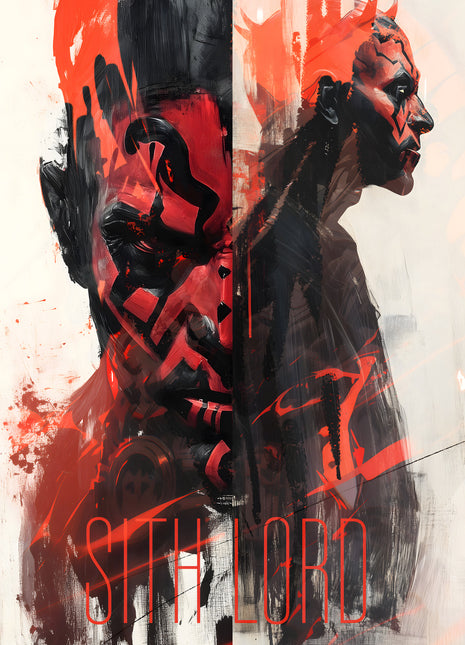 Darth Vader and Darth Maul Divided Darkness original artwork: splits Darth Vader and Darth Maul across a tall field of red, black and cream brushwork.