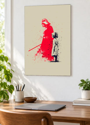 Darth Vader and Leia A Divided Bond acrylic wall art displayed above a wooden desk with a laptop, plants and books against a white wall.