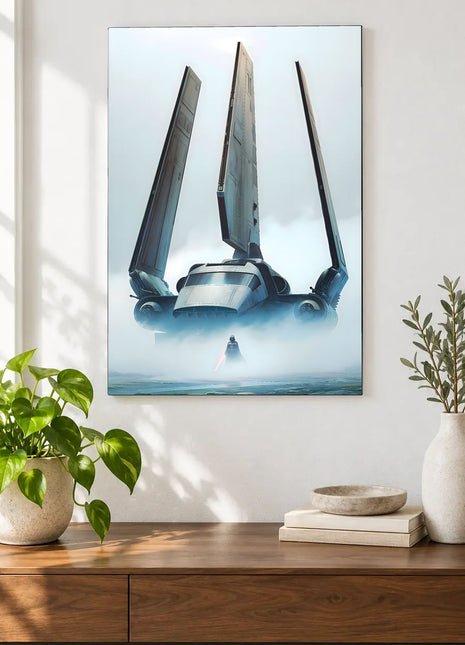 Darth Vader Arrival in the Mist acrylic wall art displayed above a wooden console with plants and books against a white wall.