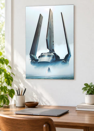 Darth Vader Arrival in the Mist acrylic wall art displayed above a wooden desk with a laptop, plants and books against a white wall.
