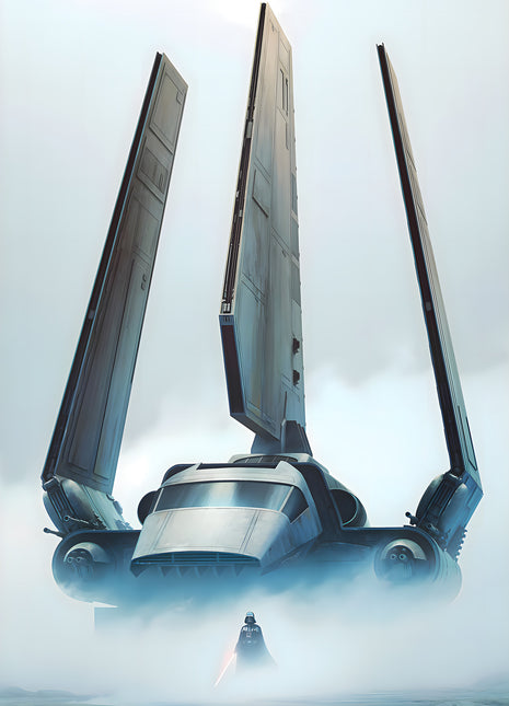 Darth Vader Arrival in the Mist original artwork: shows a tall Imperial shuttle descending into pale blue mist with Darth Vader below.