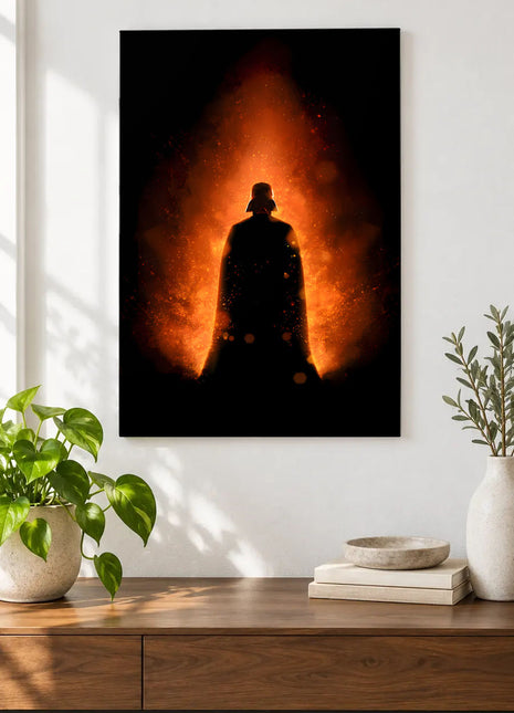 Darth Vader Cinder Watch acrylic wall art displayed above a wooden console with plants and books against a white wall.